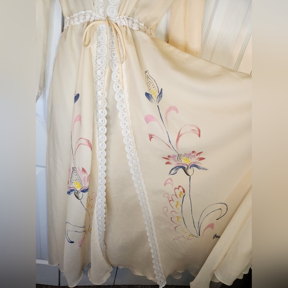 Vintage Dreamy 1970s Hand-Painted Boho Maxi • Sheer Ivory Nylon & Lace • S - Picture 9 of 13
